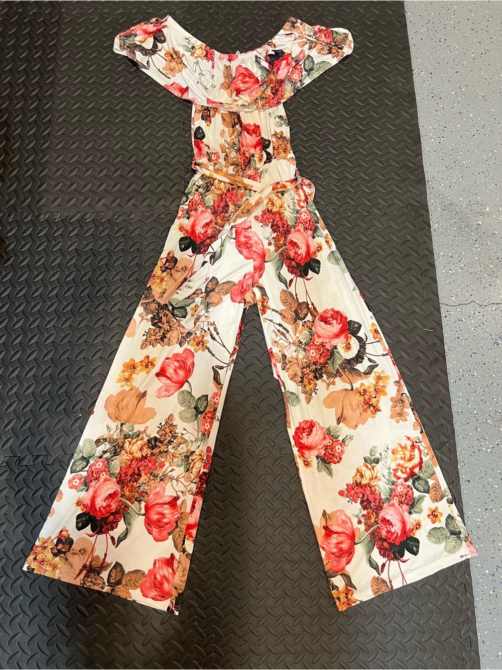 Floral Off-Shoulder Wide-Leg Jumpsuit in Ivory with Pink Bloom